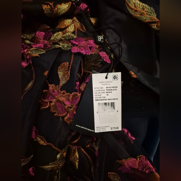 NWT Adrianna Papell Embroidered Floral Midi Dress Black Multi Size 16